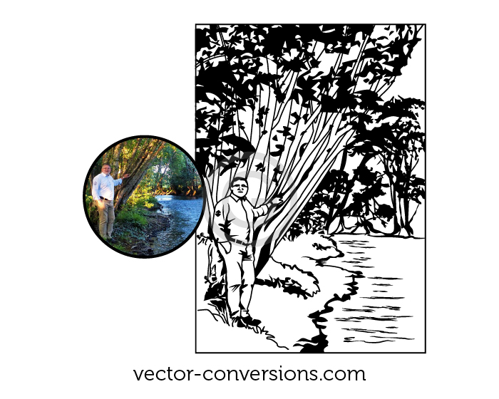 vector drawing of a person in front of vegetation landscape.