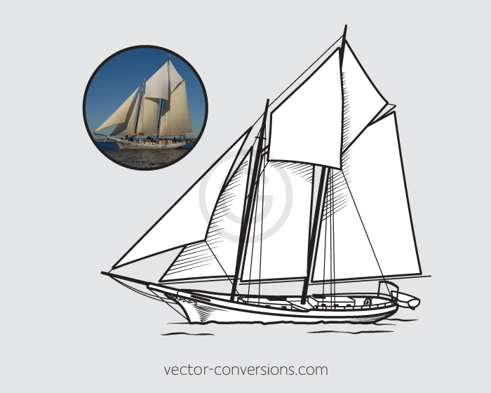 black only vector line drawing of a sail boat