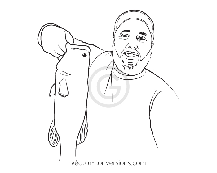 vector line art drawing of a male with a large fish