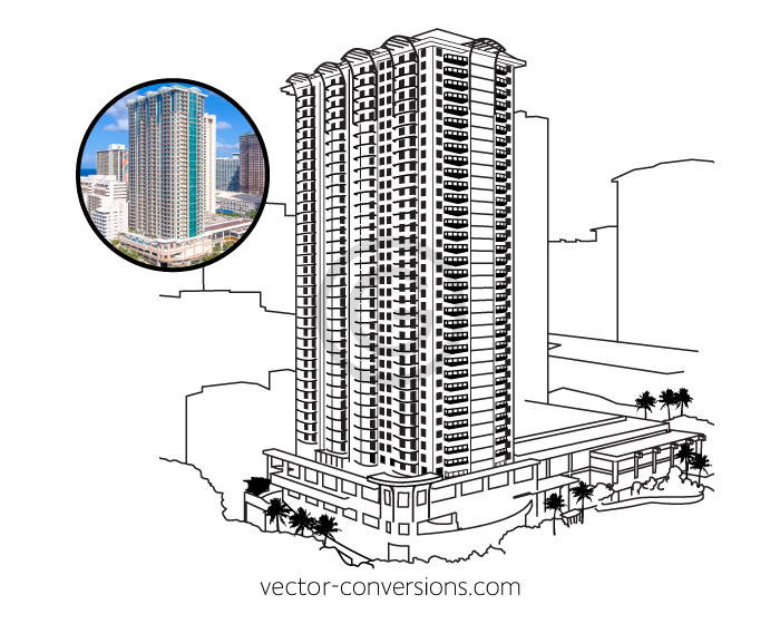 black and white vector drawing of the Grand Islander Hilton Hotel in Honolulu