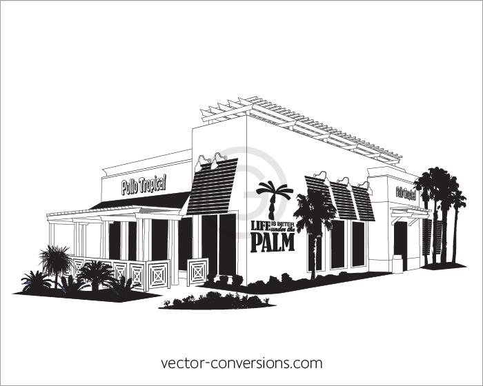Vector drawing of the Pollo Restaurant building for engraving