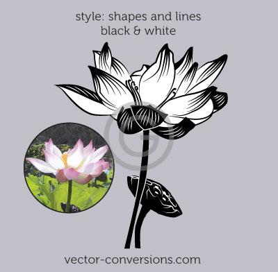 black and white vector drawing of a lotus flower using black shapes and lines