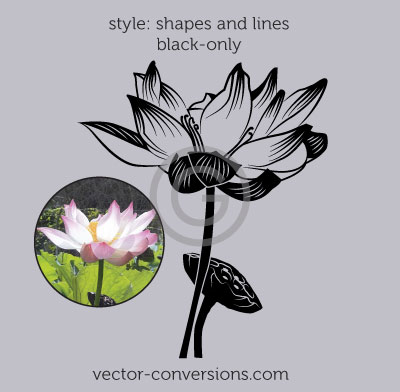 Black-only drawing of a lotus flower including black shapes and lines