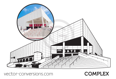 Vector drawing of the Montagne Center building with as much detail as possible.