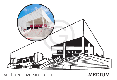 Vector drawing of the Montagne Center building with moderate amount of detail.