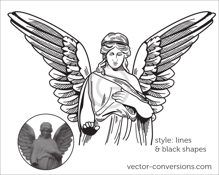 black-only vector drawing of an angel using lines and shapes